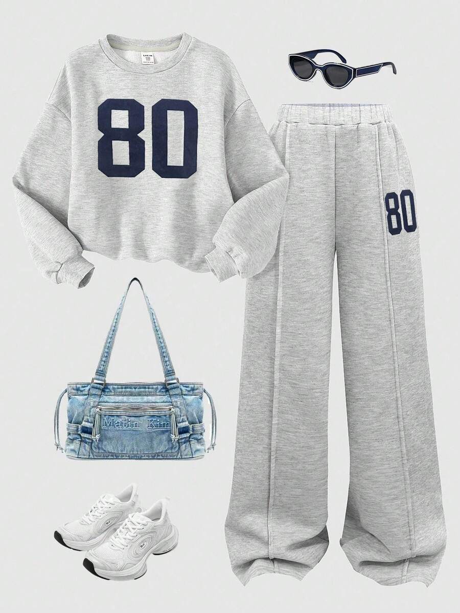 SHEIN 女童字母印花加厚抓绒两件套运动服,休闲宽松日常保暖套装,灰色 - 灰色 - 查看 1