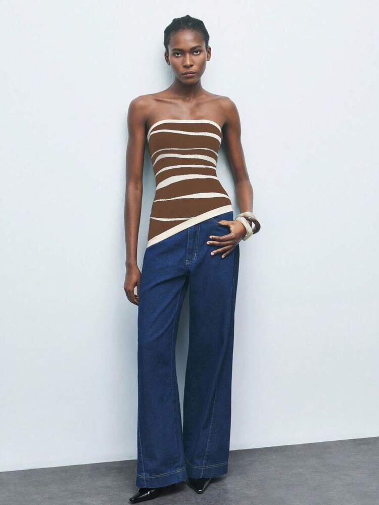 SHEIN Maija 여성용 듀얼 톤 디자인 비대칭 밑단 니트 캐미솔 탑, 도시 통근, 비즈니스 및 캐주얼 웨어에 적합, 가을/겨울