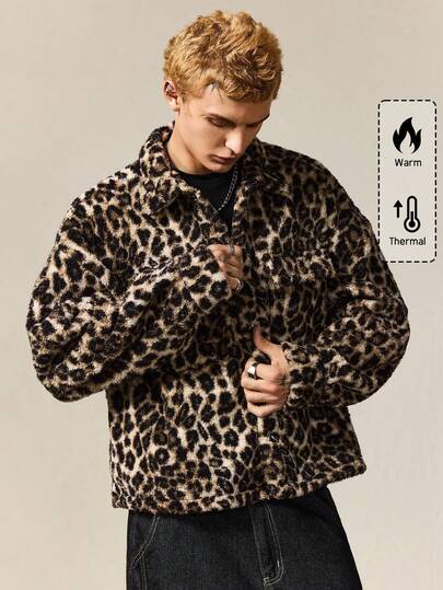 Street Life Men Leopard Print Loose Fit Sherpa Jacket, Fall
