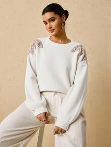 Travachic Plus Size Fashionable Women's Beaded Pullover Sweater In Fall/Winter - White - View 4