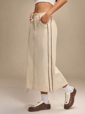 Hanevo 女士休闲运动按扣斜插口袋侧褶开衩半身裙