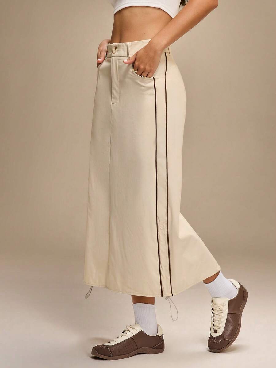 Hanevo Women's Casual Sports Snap Button Slant Pocket Side Ruched Slit Skirt - Apricot - View 1