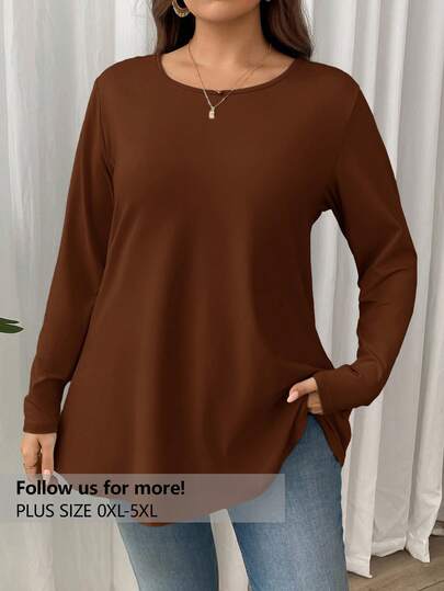 Firerie Plus Size Elegant Casual Vacation Loose Fit Long Sleeve Round Neck Solid Color Basic Layering Tunic T-Shirt Brown Blouses Coffee Brown Top Rust Brown Top Brown Long Sleeve Top Chocolate Brown Top/Fall/Winter