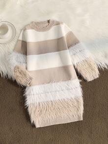 SHEIN Váy len kẻ sọc dày màu trơn kiểu Pháp dễ thương cho bé gái, váy dệt kim dài tay, thời trang mùa đông mới mềm mại thoải mái cổ tròn, thích hợp mặc hàng ngày, đi học, đi chơi, tiệc tùng, mùa đông - Màu Khaki - Xem 1