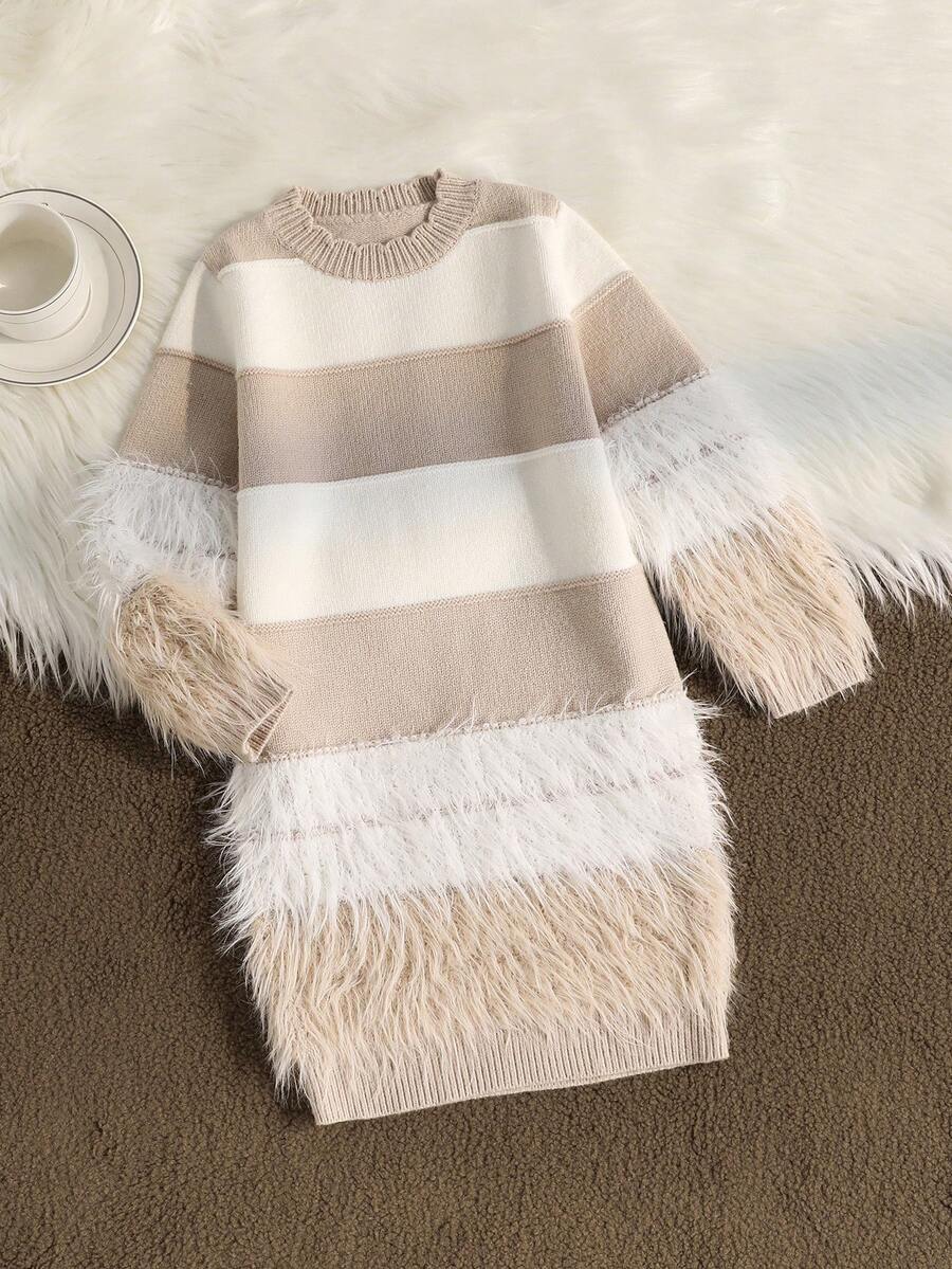 SHEIN Váy len kẻ sọc dày màu trơn kiểu Pháp dễ thương cho bé gái, váy dệt kim dài tay, thời trang mùa đông mới mềm mại thoải mái cổ tròn, thích hợp mặc hàng ngày, đi học, đi chơi, tiệc tùng, mùa đông - Màu Khaki - Xem 1