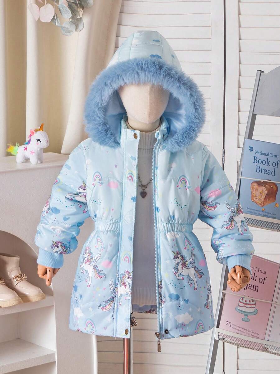 女童冬季羽绒服,加厚保暖内衬,彩色毛领连帽拉链外套,修身腰身,大口袋,儿童冬季羽绒服 - 淺藍色 - 查看 1
