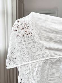 SHEIN Frenchy Plus Size Vacation Casual Solid Color Contrast Lace Bating Sleeve Blouse,Teacher For Women - White - View 8