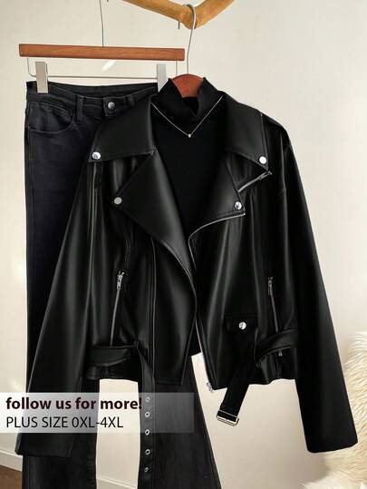 CosyJoli Chaqueta de cuero sintético negra de manga larga, de corte holgado y básica para mujer de talla grande, para otoño y primavera, de estilo casual, Y2K, streetwear, primavera, abrigos de mujer, estilo de los 2000, disco, invierno, otoño