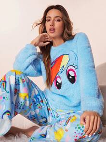My Little Pony X SHEIN 女士卡通刺绣长袖上衣和印花长裤睡衣套装，蓬松睡衣，女士卡通睡衣，秋冬服装 - 藍色 - 查看 7
