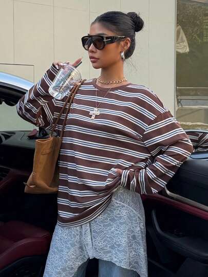SHEIN EZwear Women's Brown Fashion Contrast Color Striped Loose Long Sleeve T-Shirt For Going Out Outfits, Streetwear