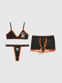 Black Jack X ROMWE 3pcs Black Jack Pattern Letter Tape Bralette, Thong & Boyshorts Lingerie Set - Black - View 1