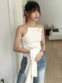 DAZY 2 Stücke Damen Rose Blumen Trägerhemd & Strickjacke Set, Herbst/Winter - Beige - Übersicht 5