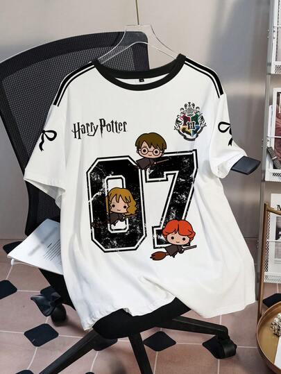 HARRY POTTER X SHEIN Plus Size Summer Casual Letter & Cartoon Graphic Round Neck Short Sleeve T-Shirt