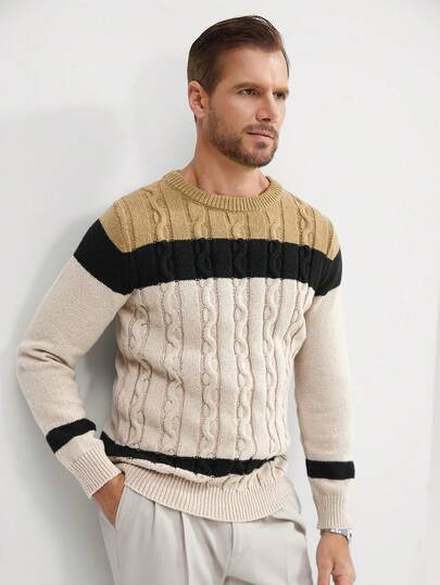 Manfinity Mode 男士扭纹针织撞色圆领休闲套头衫