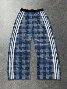ROMWE MEN Street Life Men's Loose Fit Double-Layer Waistband Plaid Pants - Blue - View 2