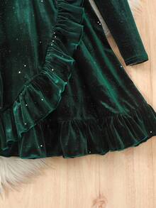 SHEIN Tween Girl Casual Minimalist Comfortable Round Neck Ruffle Hem Long Sleeve Dress - Green - View 3