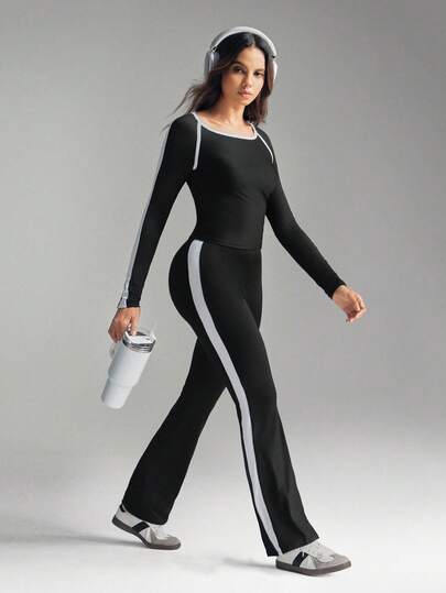 SHEIN Sports Women's Contrast Color Patchwork Long Sleeve Tracksuit Activewear Jumpsuit Compression Jumpsuit Long Sleeve Jumpsuits For Woman