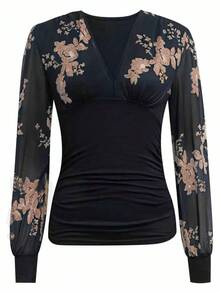 SHEIN LUNE 女式刺绣透视深V领T恤图案T恤女式上衣 - 卡其色 - 查看 3