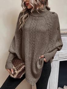 SHEIN Clasi Women's Casual High Neck Batwing Long Sleeve Button Design Loose Knit Sweater, Autumn/Winter - Coffee Brown - View 5