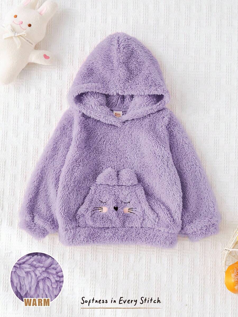 Cozy Pixies Áo nỉ dài tay có mũ lót giữ nhiệt họa tiết mèo cho bé gái - Màu tím - Xem 1
