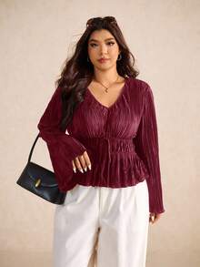 Elaquor 大码女式V领喇叭袖褶皱腰部系带上衣 - 酒紅色 - 查看 4