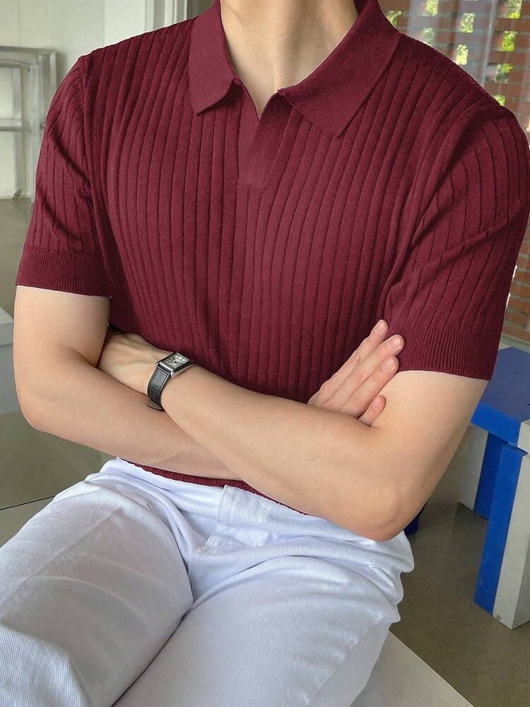 Men's Solid Color Short Sleeve Polo Collar Casual Knit Top