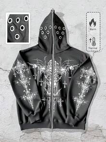 ROMWE MEN Grunge Punk Áo khoác nỉ lót nhiệt có mũ trùm đầu phong cách đường phố Punk, mùa thu/đông - Xám - Xem 3