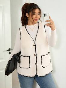 Lounesse Women's Plus Size Contrast Color V-Neck Cardigan Vest, Fashionable And Versatile Outerwear For Autumn/Winter Sherpa Vest White Vest Women Vest Teddy Vest Fall