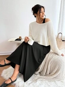 Lounesse Conjunto De 2 Peças Plus Size Feminino, Cardigan Casual E Vestido Preto, Blusa De Manga Comprida Com Design De Malha Semitransparente - Amarelo - Ver 7