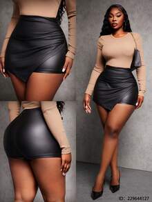 SHEIN SXY Quần short thời trang đa năng màu trơn ôm sát viền bất đối xứng cỡ lớn - màu đen - Xem 14