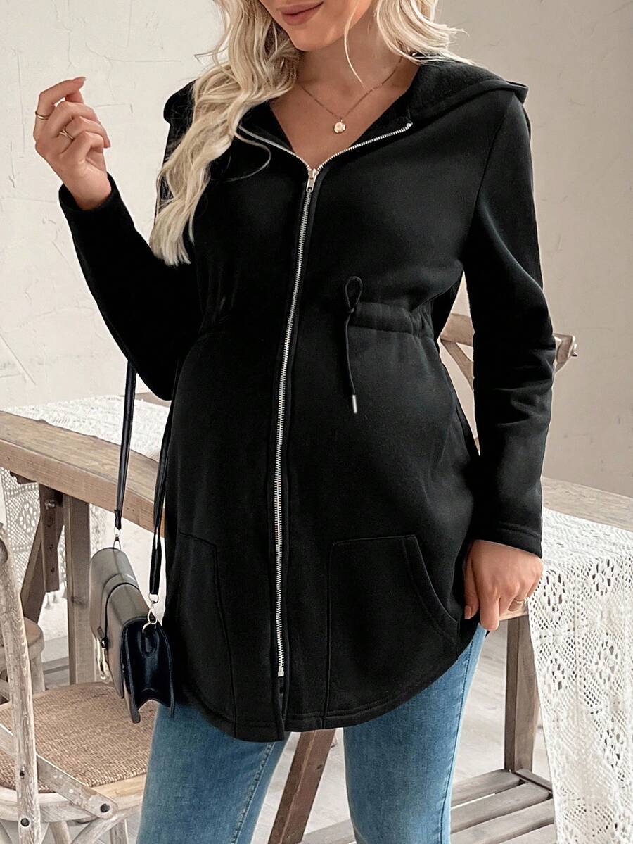 SHEIN 孕妇休闲基本款抽绳拉链连帽衫 - 黑色 - 查看 1