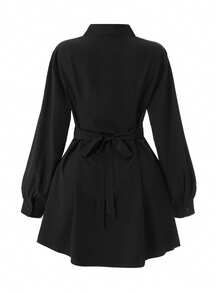 Rometta Plus Size Elegant Waist Ruched Shirt Dress - Black - View 2