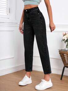 Casual Washed High Waist Tapered Jeans Black - Black - View 4