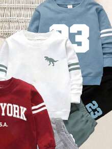 SHEIN 6件套婴儿/幼儿男童字母、数字和条纹印花长袖圆领卫衣和运动裤套装，婴儿连帽卫衣和裤子，婴儿/幼儿男童运动服套装，男婴服装套装，18个月-24个月，3T男童套装，男童运动服套装，秋季 - 彩色 - 查看 3