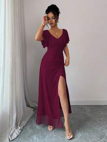 Elenzga Women's Light Purple V-Neck Ruffle Sleeve Pleated Waist Split Dress, Elegant Bridesmaid Dress, Party Gown, Spring/Summer - Burgundy - View 6