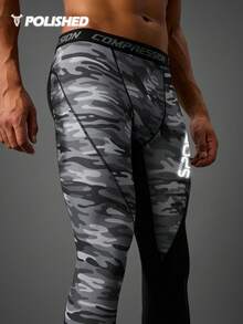 Manfinity Sport Polished 男士字母腰带迷彩印花运动压缩裤 - 黑色 - 查看 8