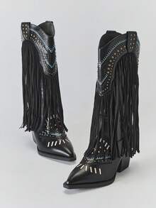 Solezae Botas occidentales de media pantorrilla con punta puntiaguda, tacón grueso, tachuelas y bordados para mujer - Negro - Ver 2