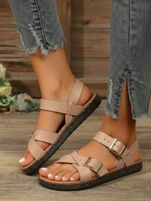 Sandalia mujer casual doble hebilla plana estilo vacacional playa verano - Beis - Ver 2