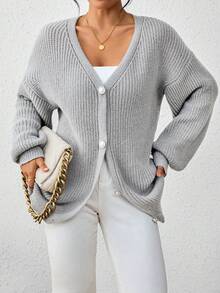 SHEIN PETITE 女士纯色休闲珍珠纽扣装饰开衫毛衣 - 淺灰色 - 查看 4