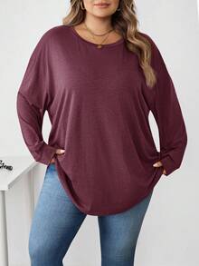 SHEIN CURVE+ Camiseta Casual Solta de Manga Longa com Decote Redondo e Ombros Caídos, Cor Sólida, Plus Size Feminino, Outono/Inverno - Vinho - Visão 7