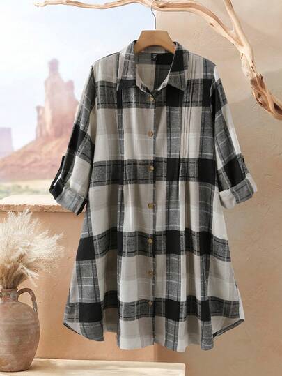 Rusticease Kariertes Knopfkleid in Große Größen, vielseitig einsetzbar