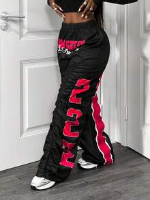 BamGleam 女士字母印花褶皱松紧腰阔腿裤 - 彩色 - 查看 3