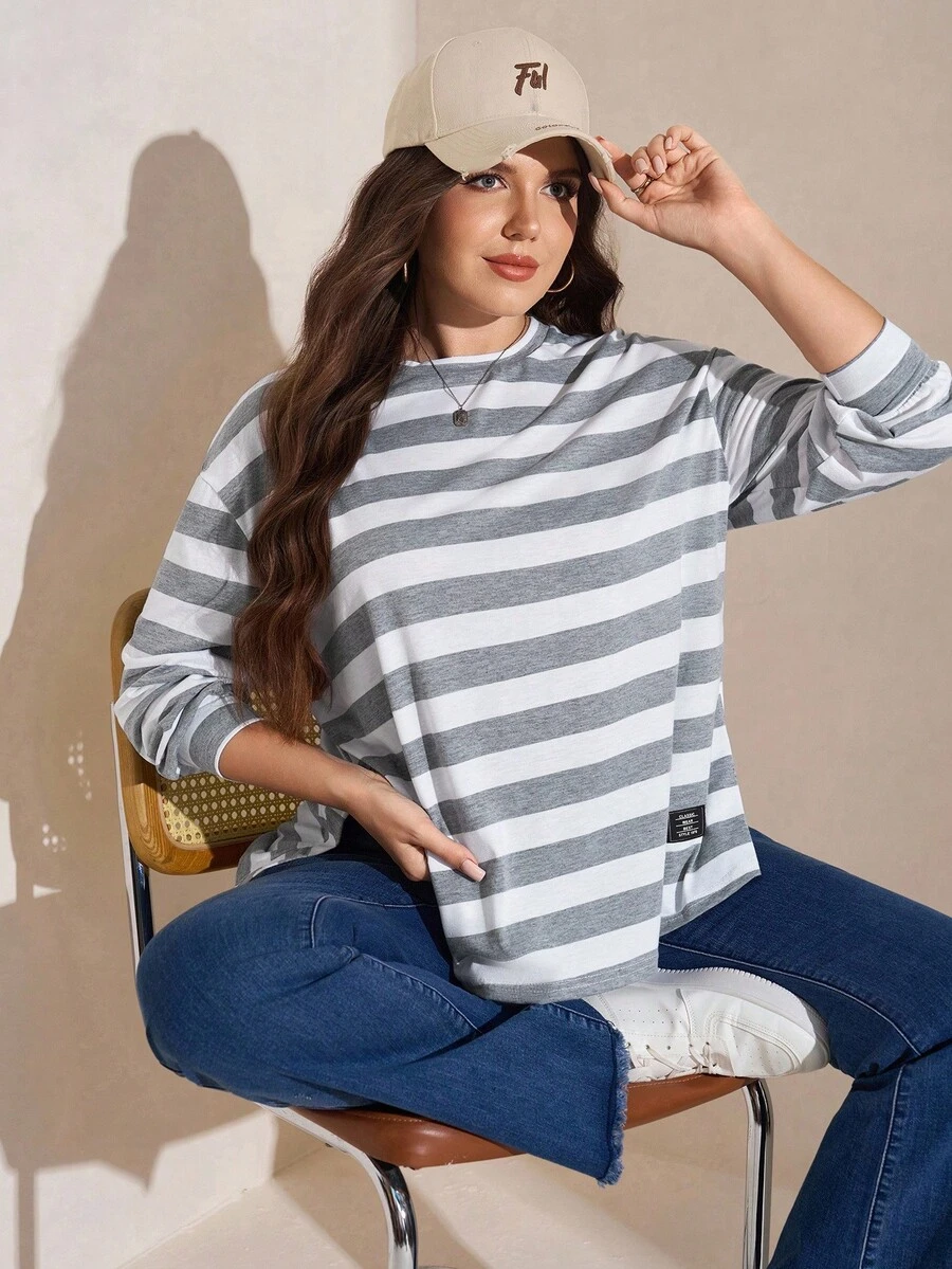 SHEIN LUNE Plus Size Women's Autumn/Winter Striped Print Loose Crew Neck Long Sleeve Casual Fashion T-Shirt With Side Slits Thanksgiving Outfit Holiday Outfit
