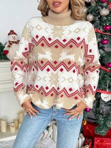 SHEIN LUNE Classic High Neck Fashionable Christmas Element Pattern Retro Casual Loose Stylish Long Sleeve Pullover Sweater, Vibrant Color For Winter - Multicolor - View 3