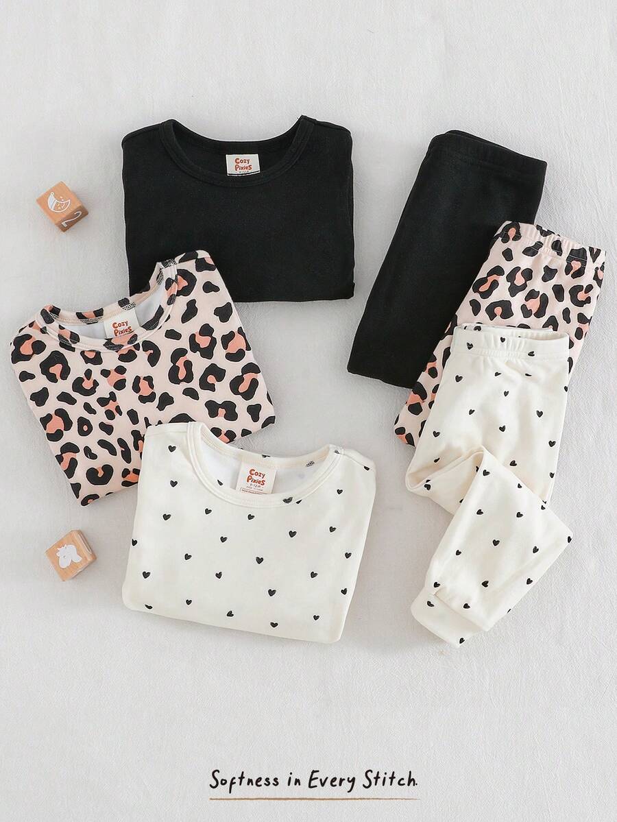 Cozy Pixies 6 Stück Baby Mädchen Leoparden Muster Strick Weicher Rundhals Langarm Top und Elastischer Taille Lang Hose Eng Anliegender Pyjama Set