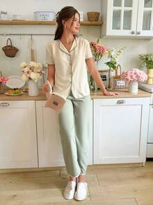 Snug Reverie Conjunto de pijama/ropa de estar en casa con top de manga corta abotonado y pantalones, con ribete acanalado para mujer - Verde - Ver 3