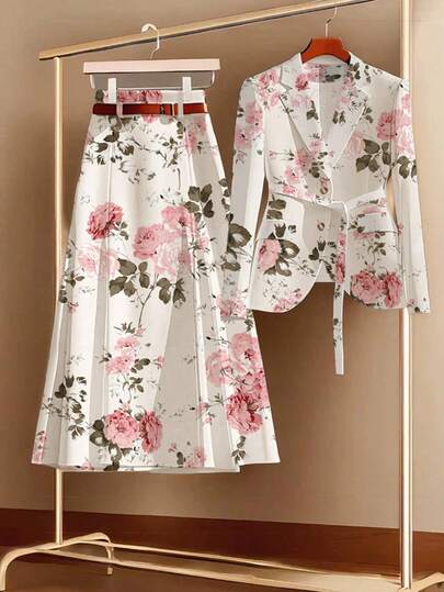 Franclia Women's Elegant White Floral Print Lapel Waist Commuter Suit Jacket With Belt And Pleated A-Line Skirt Printed Women's Two-Piece Suitwinter Winter Clothes Winter Clothes For Women Fall Clothes For Women Autumn Fall Autumn Clothes Fall Outfits For Women New Year New Year Outfit Thanksgiving Outfit For Women Party Wedding Elegant Casual LuxuryChristmas New Year Party Graduation Ball Cosplay New Year Going Out Tops For Women Graduation Elegant Fashionable Casual Commuting Business Office Daily Leisure All-Match Temperament Urban Teacher Professional Attire