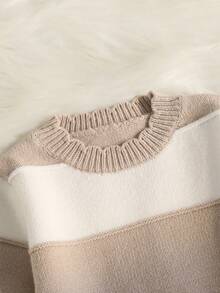 SHEIN Váy len kẻ sọc dày màu trơn kiểu Pháp dễ thương cho bé gái, váy dệt kim dài tay, thời trang mùa đông mới mềm mại thoải mái cổ tròn, thích hợp mặc hàng ngày, đi học, đi chơi, tiệc tùng, mùa đông - Màu Khaki - Xem 3