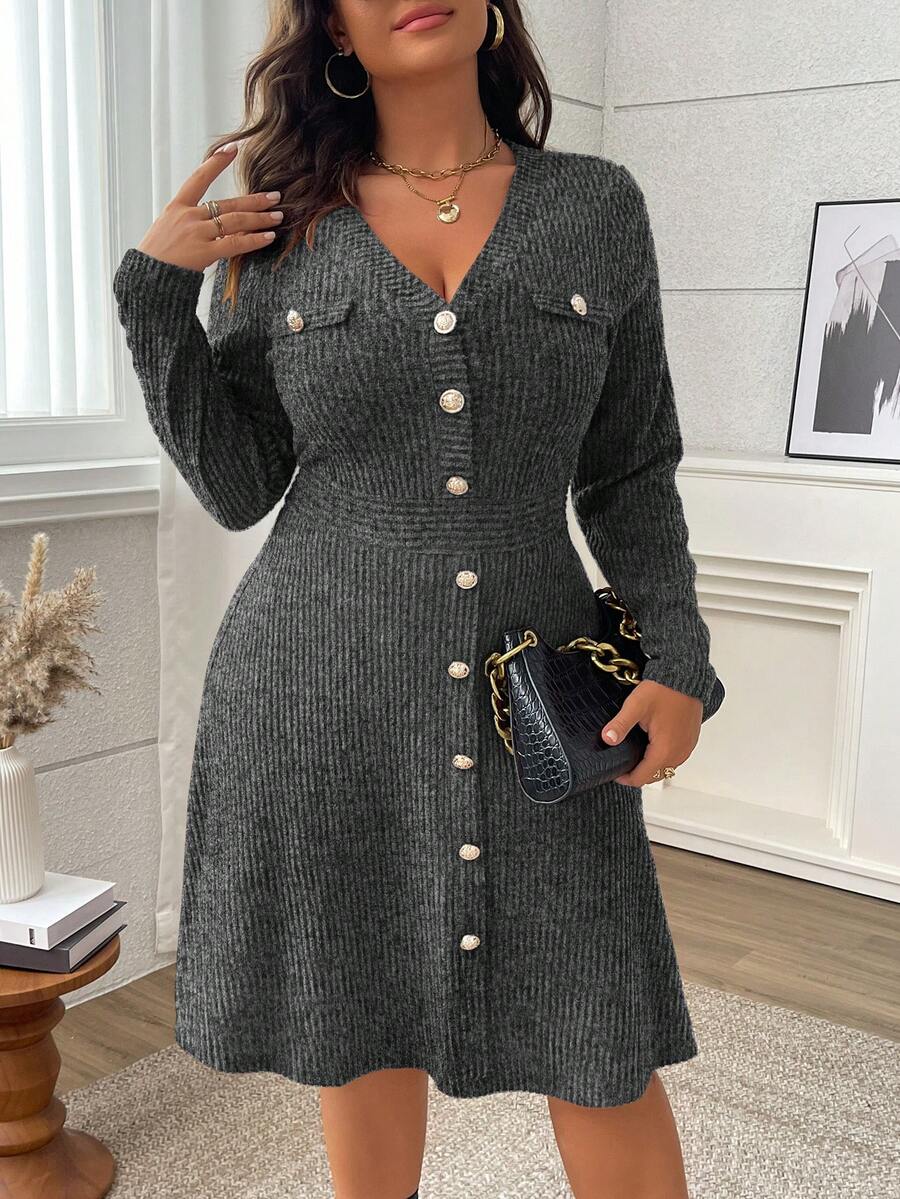 Vionelle Plus Size V-Neck Solid Color Long Sleeve Cinched Waist A-Line Midi Dress - Dark Grey - View 1