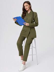 Scrubzie 两件套防皱立领长袖女士工作服套装（上衣和裤子） - 軍綠色 - 查看 5